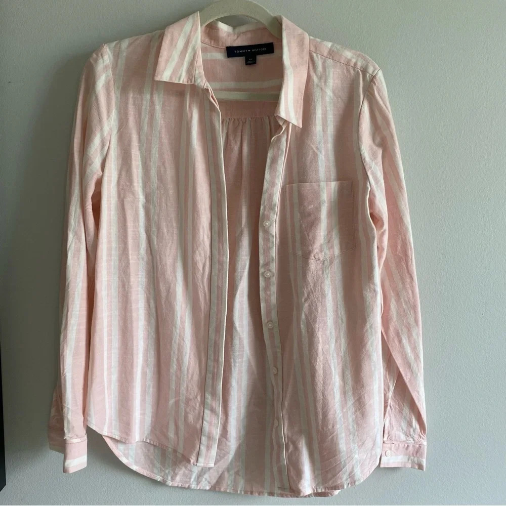 TOMMY Hilfiger Cotton Blend Linen-Look Pink and White Striped Button Down S